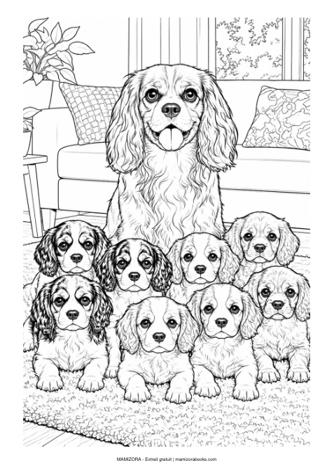 Une famille de chiens et de chiots, dessin à colorier
