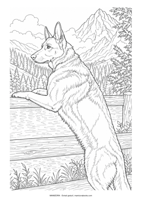 Un chien au bord d’un lac, dessin à colorier